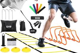 GHB Agility Ladder,Football Training Equipment Set,4 Agility Hurdles, 20 feet12 Rungs Speed Ladder,12 Disc Cones,Resistance Parachute, Jump Rope, 4 Resistance Bands